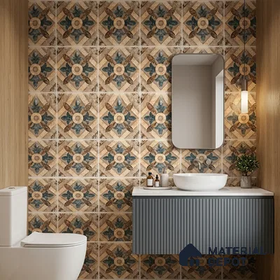 Modern bathroom with patterned moroccan wall tiles and fluted grey vanity