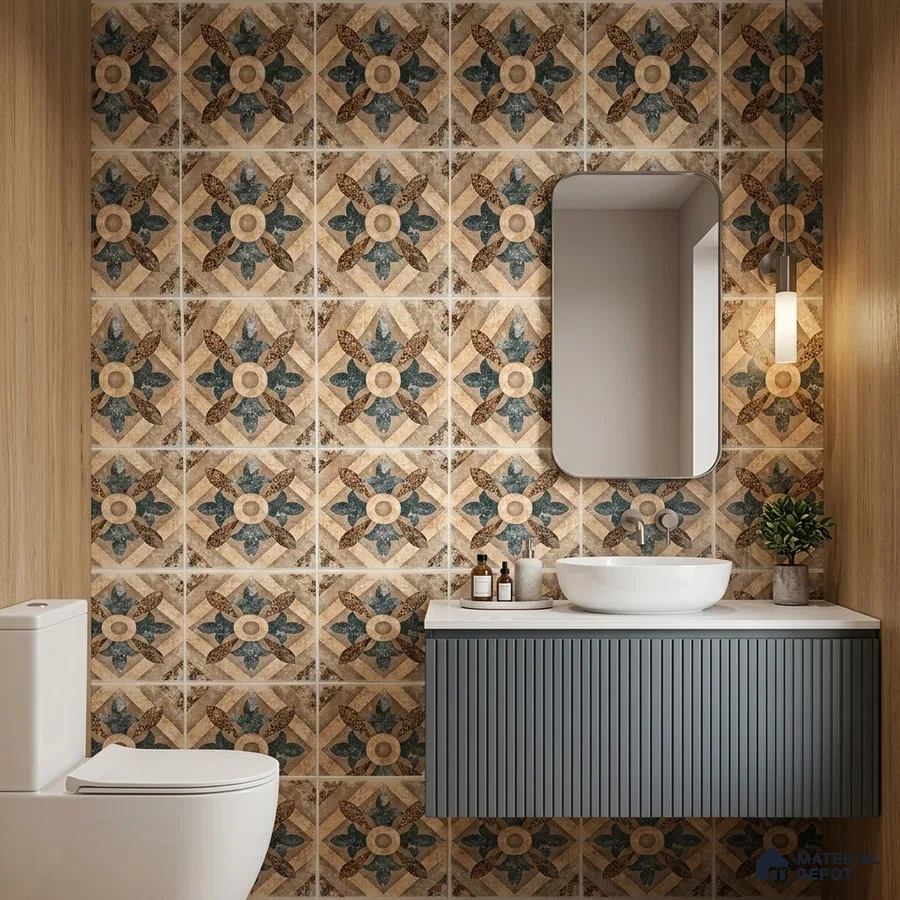 Modern bathroom with patterned moroccan wall tiles and fluted grey vanity