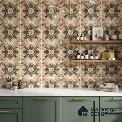 Mediterranean kitchen with sage green laminate cabinets and patterned moroccan wall tiles