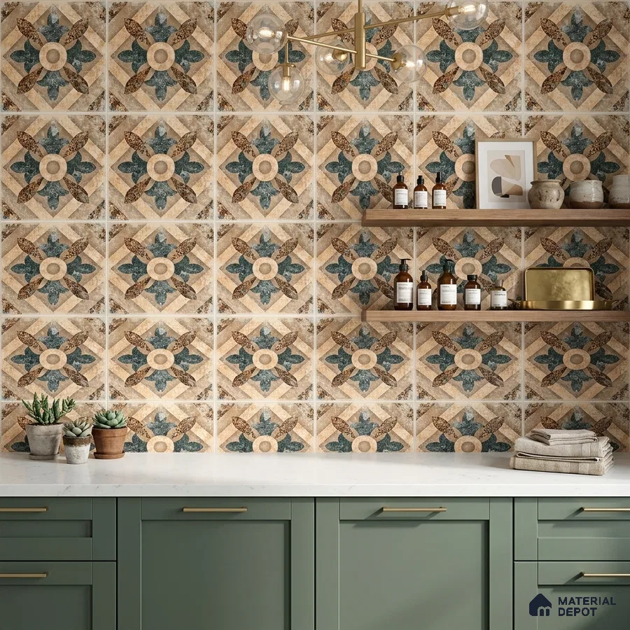 Mediterranean kitchen with sage green laminate cabinets and patterned moroccan wall tiles