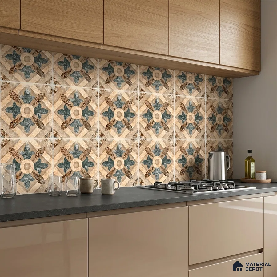 Modern kitchen with beige laminate cabinets, oak wood upper cabinets, and geometric patterned backsplash tiles