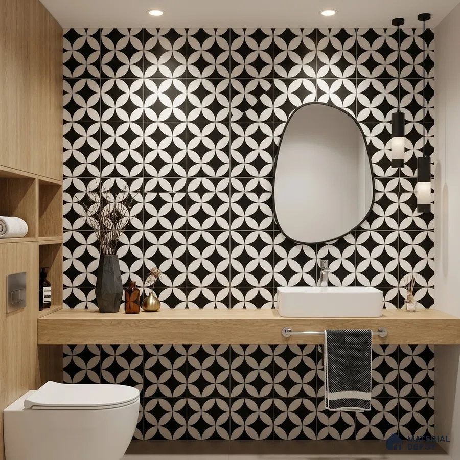 Modern bathroom with black-and-white geometric patterned wall tiles and light oak laminate vanity