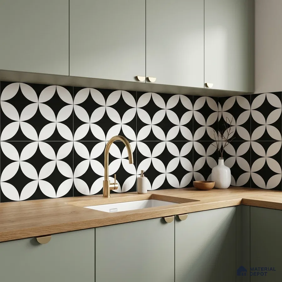 Modern kitchen with sage green laminate cabinets, oak wood countertop, and black-and-white geometric backsplash tiles