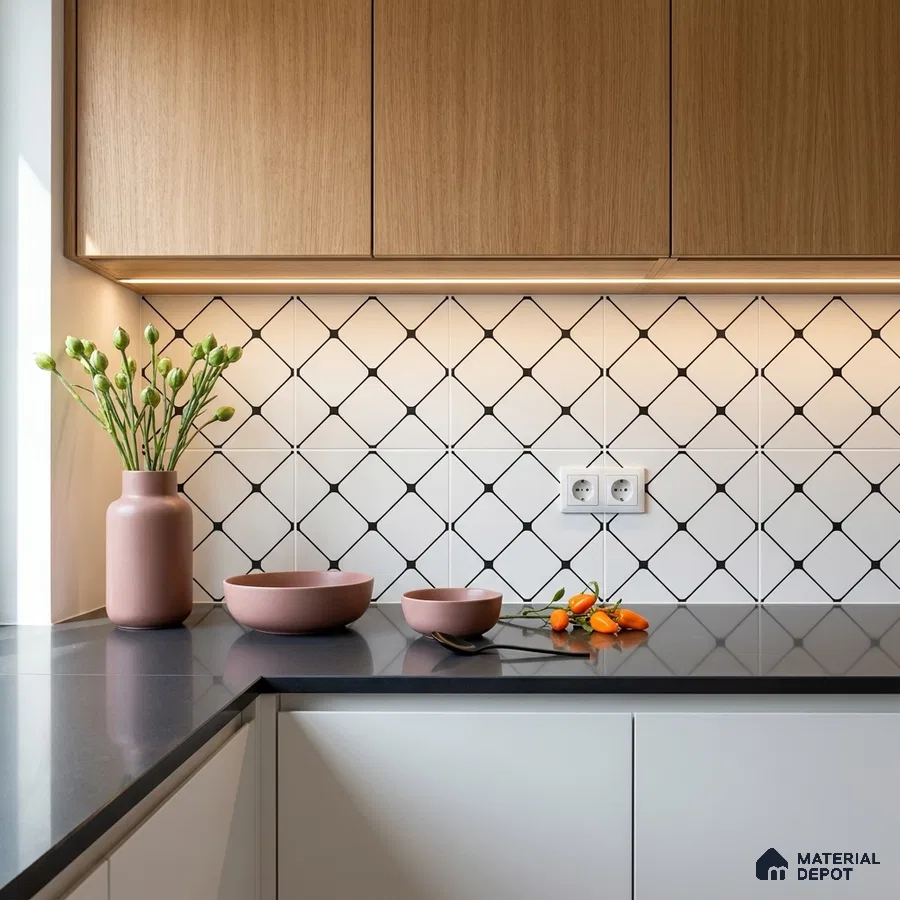 Scandinavian kitchen with oak laminate cabinets, black quartz countertop, and white geometric backsplash tiles