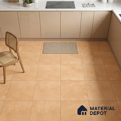 Modern kitchen with beige glossy laminate cabinets and warm sand beige floor tiles