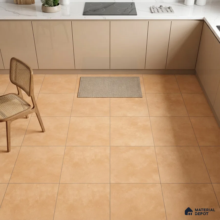 Modern kitchen with beige glossy laminate cabinets and warm sand beige floor tiles