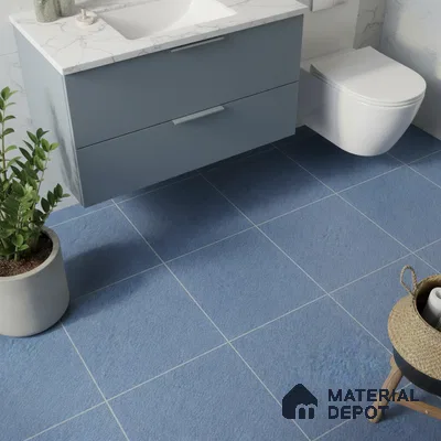 Modern bathroom with blue floor tiles, blue vanity laminate, and white marble countertop