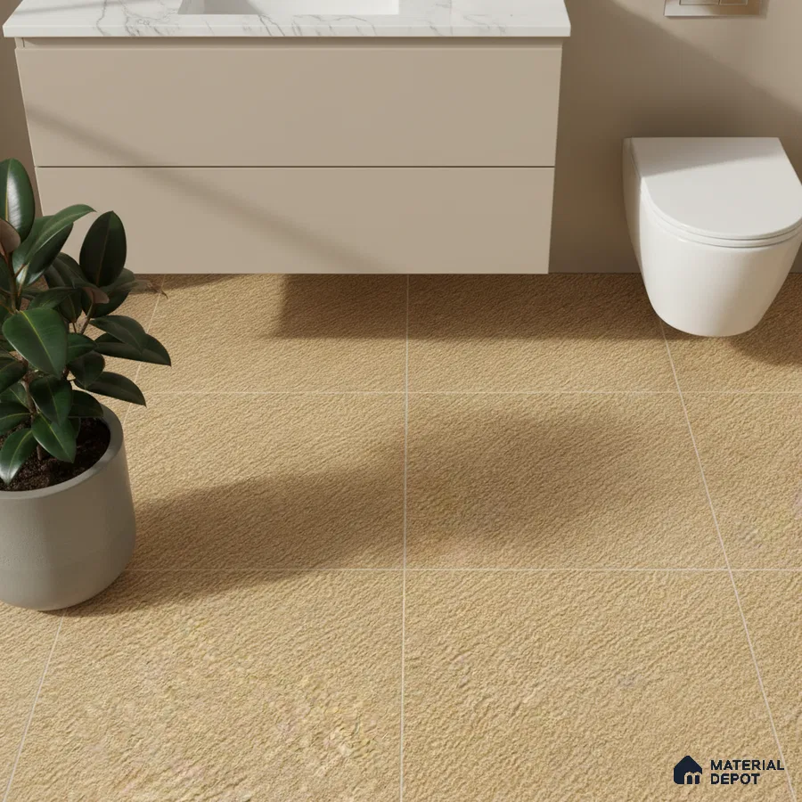 Minimalist bathroom with beige textured floor tiles and white marble countertop vanity