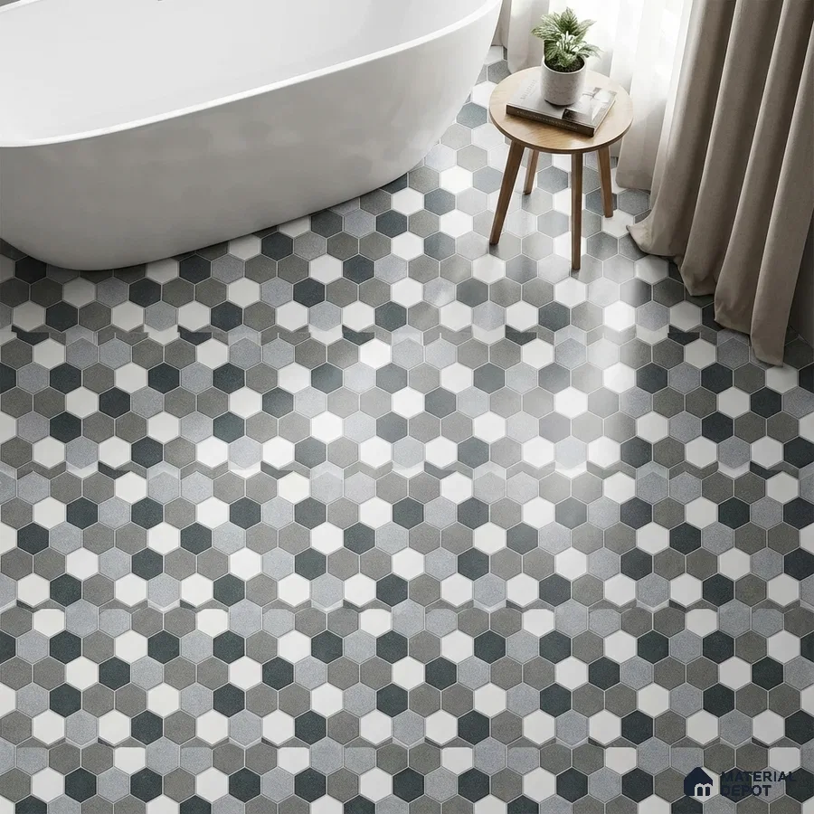 Modern bathroom with grey and white hexagonal floor tiles