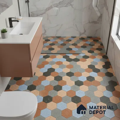 Modern bathroom with hexagonal multicolor terrazzo floor tiles and marble-look wall tiles