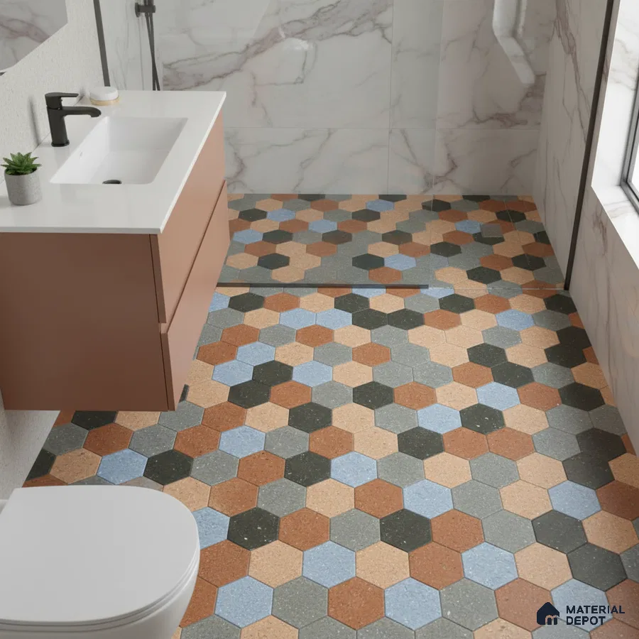 Modern bathroom with hexagonal multicolor terrazzo floor tiles and marble-look wall tiles