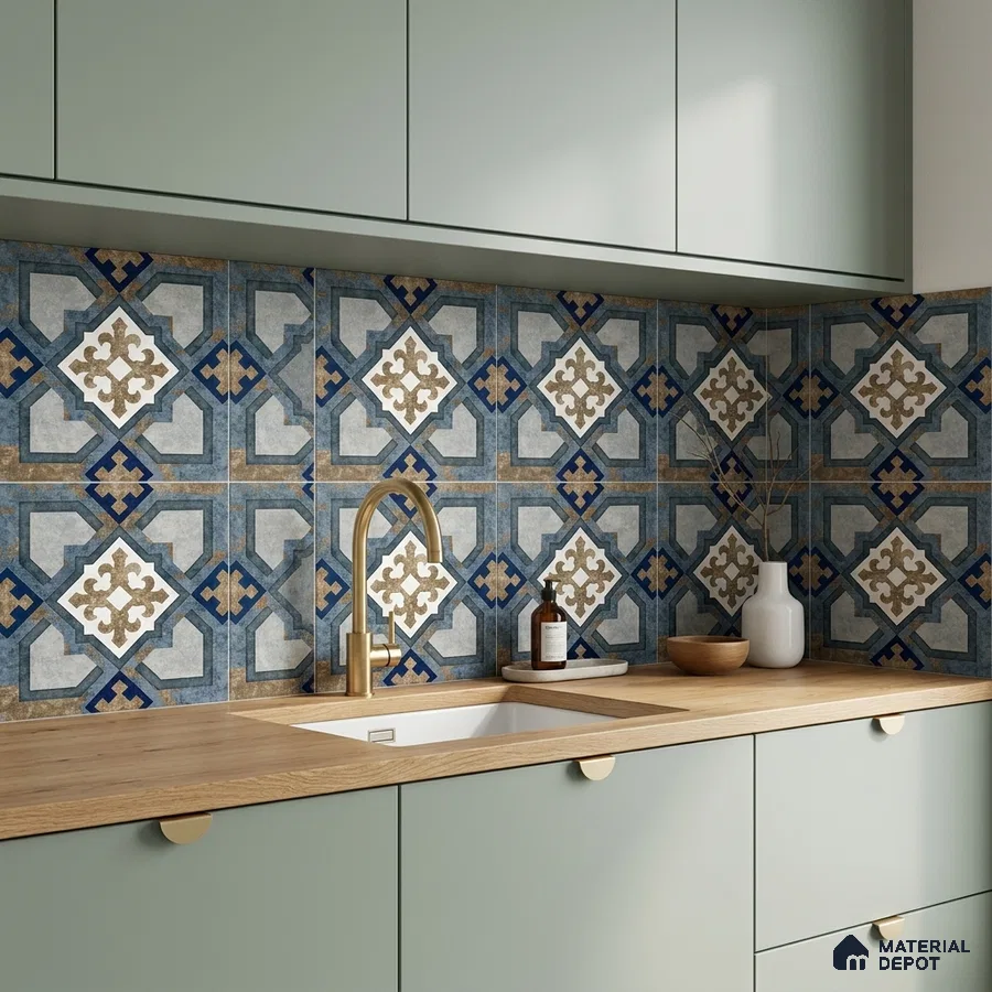 Modern kitchen with sage green laminate cabinets, oak wood countertop, and blue moroccan patterned backsplash tiles