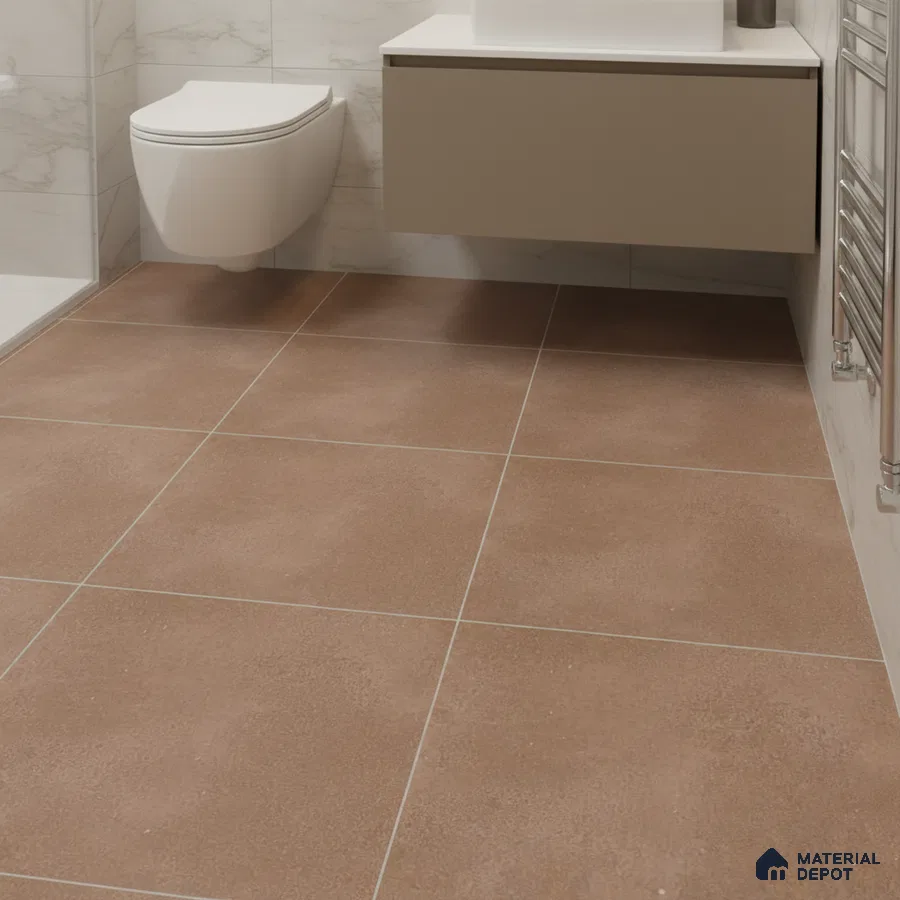 Modern bathroom with brown rustic floor tiles and marble-look wall tiles