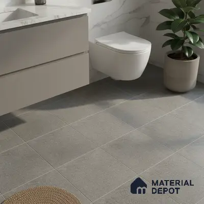 Modern bathroom with grey floor tiles, marble-look wall tiles, and matte beige vanity