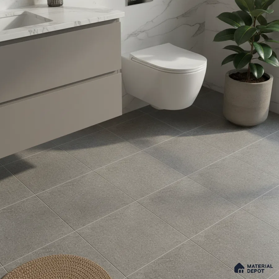 Modern bathroom with grey floor tiles, marble-look wall tiles, and matte beige vanity