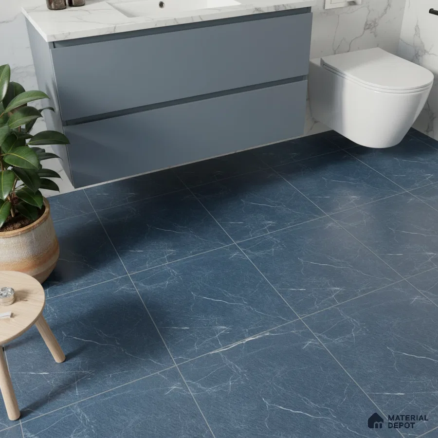 Modern bathroom with blue marble-look floor tiles and matte blue vanity