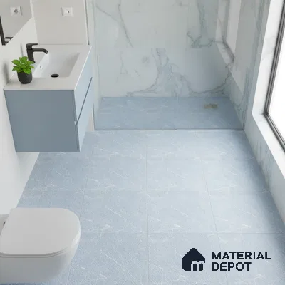Modern bathroom with blue marble-look floor tiles and white marble wall tiles