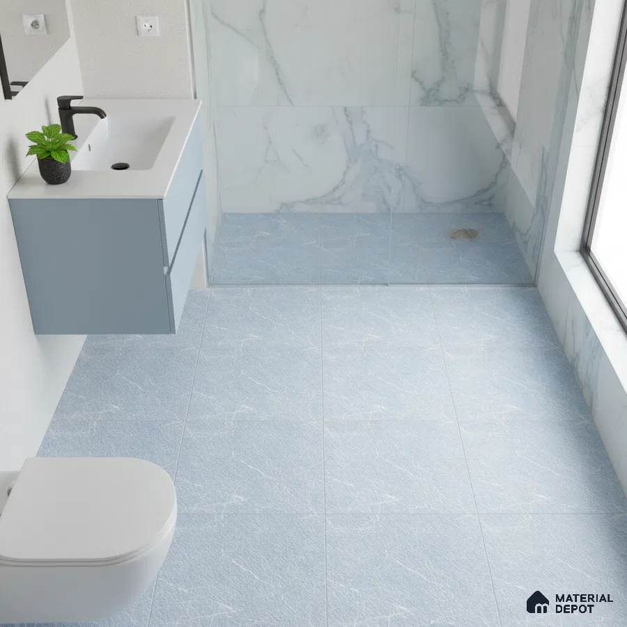 Modern bathroom with blue marble-look floor tiles and white marble wall tiles