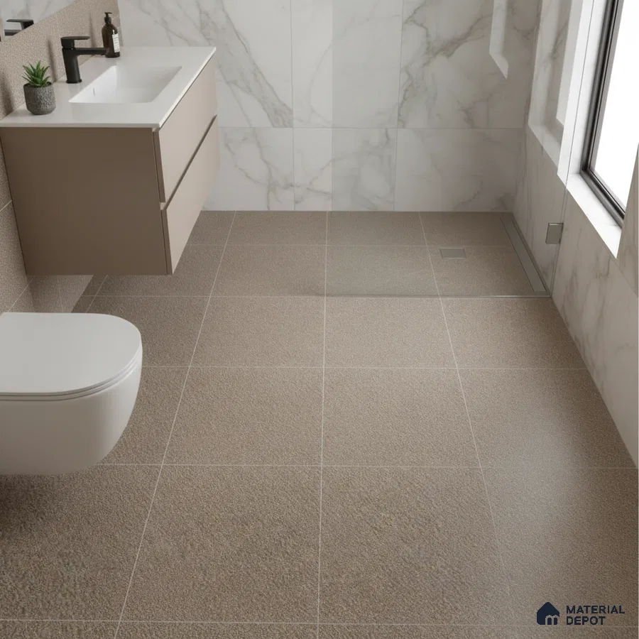 Modern bathroom with beige textured floor tiles and white marble wall tiles