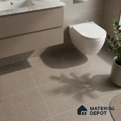 Minimalist bathroom with beige matte floor and wall tiles, taupe floating vanity, and marble-look countertop