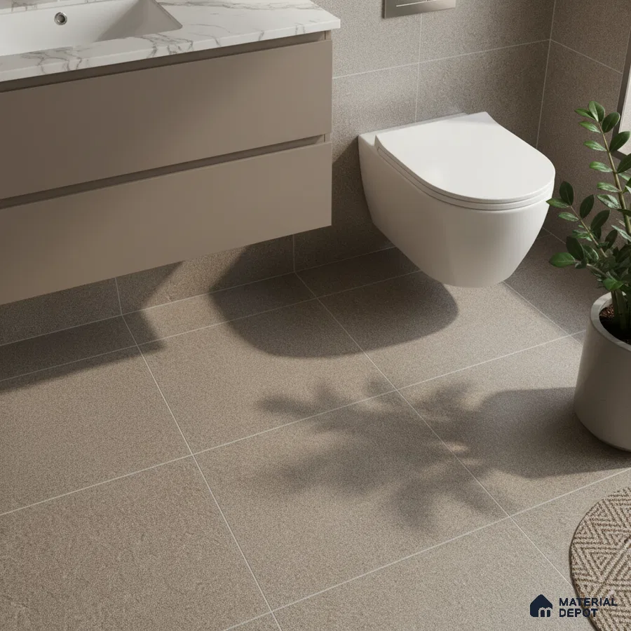Minimalist bathroom with beige matte floor and wall tiles, taupe floating vanity, and marble-look countertop