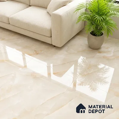 Modern living room with beige marble-look glossy floor tiles and cream fabric sofa