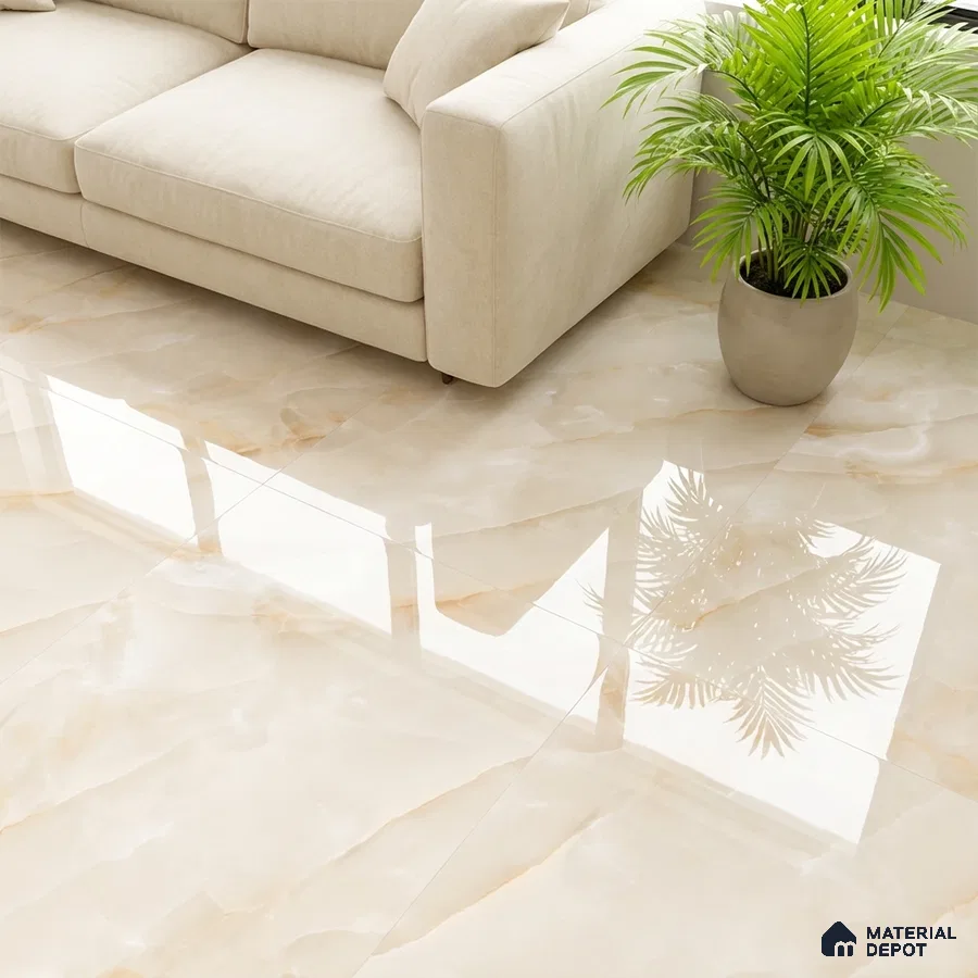 Modern living room with beige marble-look glossy floor tiles and cream fabric sofa