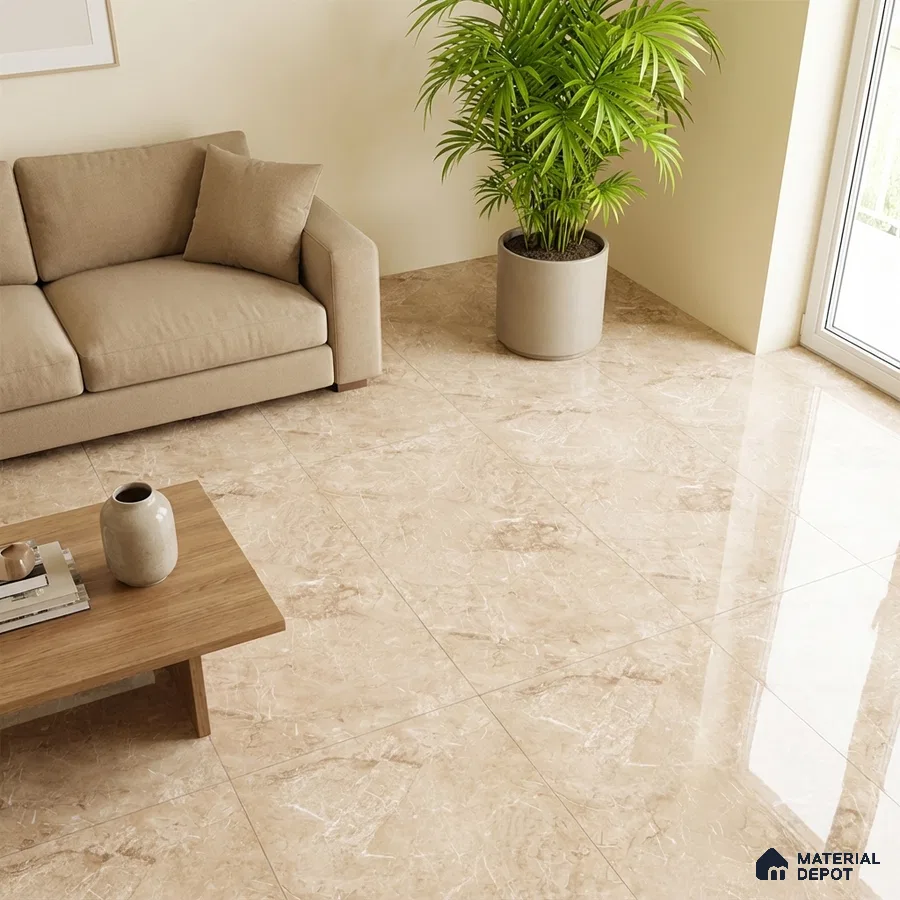 Minimalist living room with beige marble floor tiles and light wood coffee table