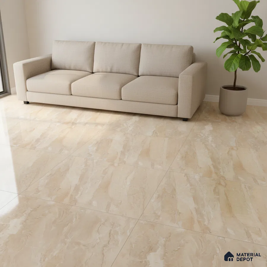 Minimalist living room with beige marble-look floor tiles and neutral fabric sofa