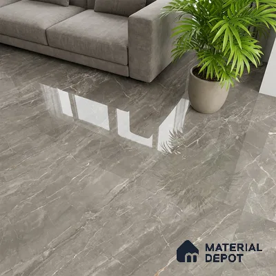 Modern living room with grey marble-look polished floor tiles and neutral fabric sofa