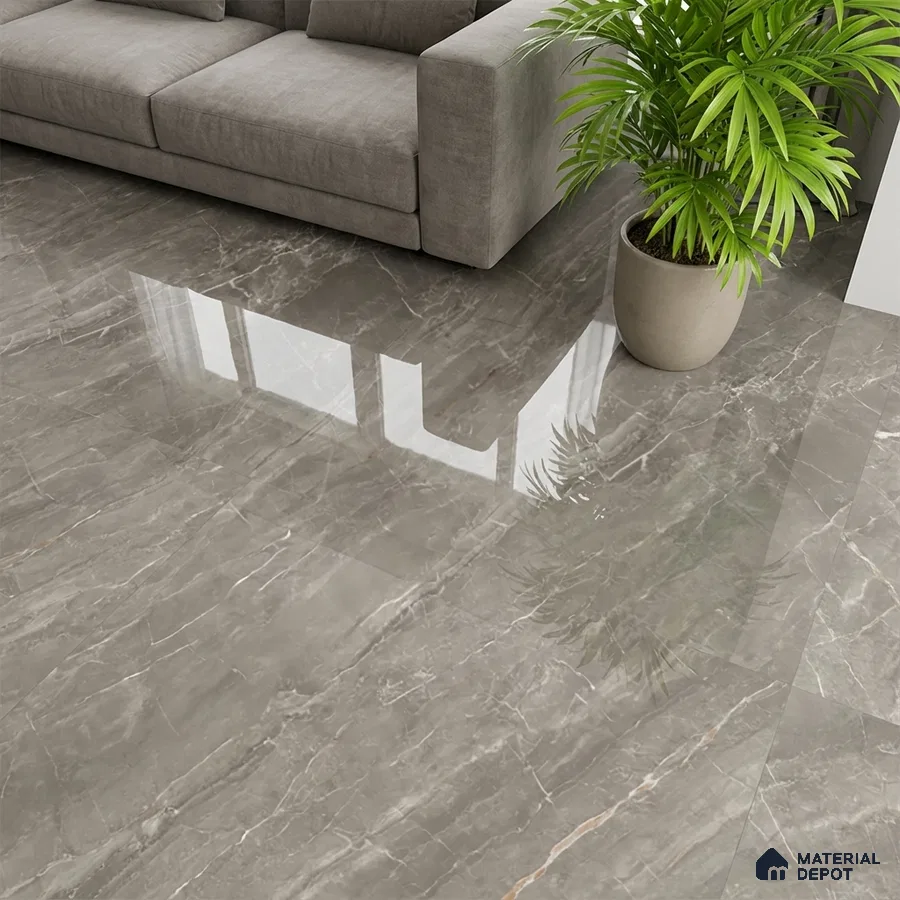 Modern living room with grey marble-look polished floor tiles and neutral fabric sofa