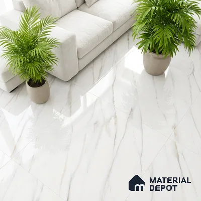 Modern living room with polished white marble-look floor tiles and neutral sofa
