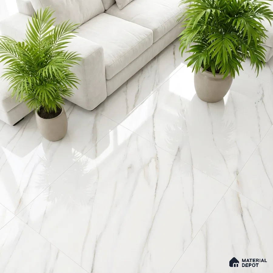 Modern living room with polished white marble-look floor tiles and neutral sofa