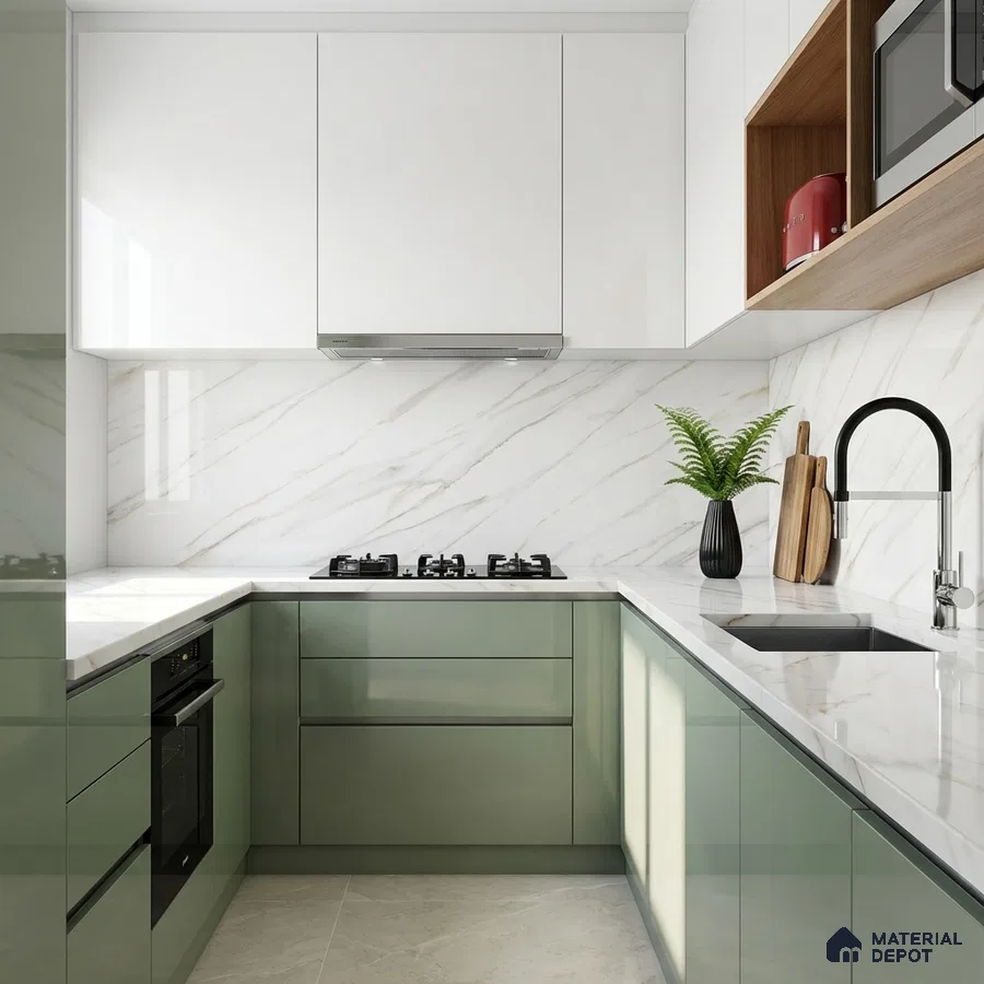 Modern kitchen with sage green and white high gloss laminate, marble-look backsplash, and quartz countertop