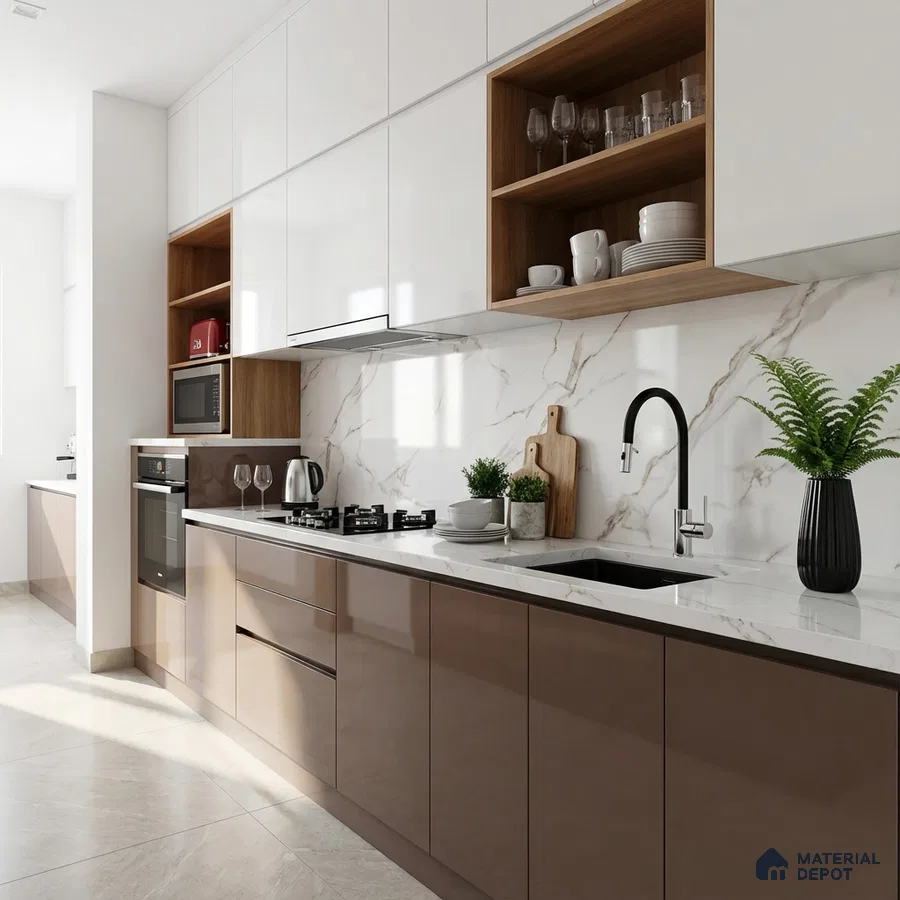 Modern kitchen with glossy brown and white laminate, marble-look backsplash, and white quartz countertop