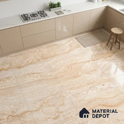 Modern kitchen with beige high gloss laminate cabinets and travertine marble look floor tiles