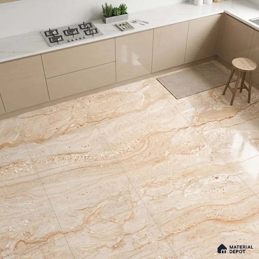 Modern kitchen with beige high gloss laminate cabinets and travertine marble look floor tiles