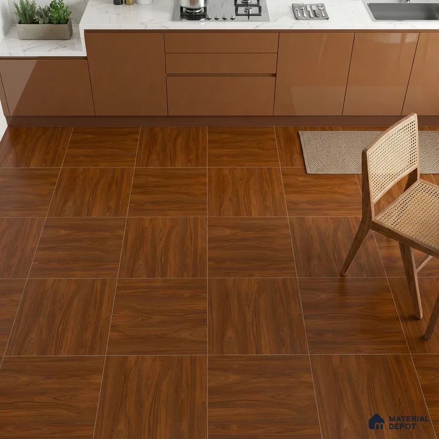 Modern kitchen with glossy brown laminate cabinets and walnut wood-look floor tiles