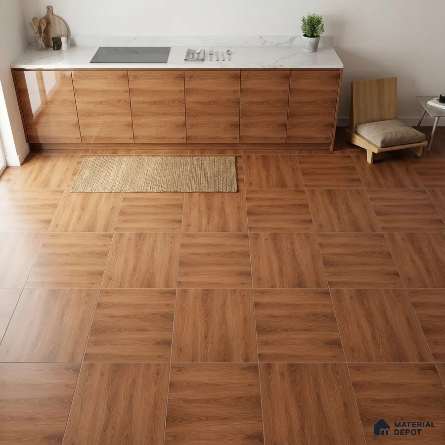 Minimalist kitchen with walnut wood laminate cabinets, white marble countertop, and wood-look floor tiles