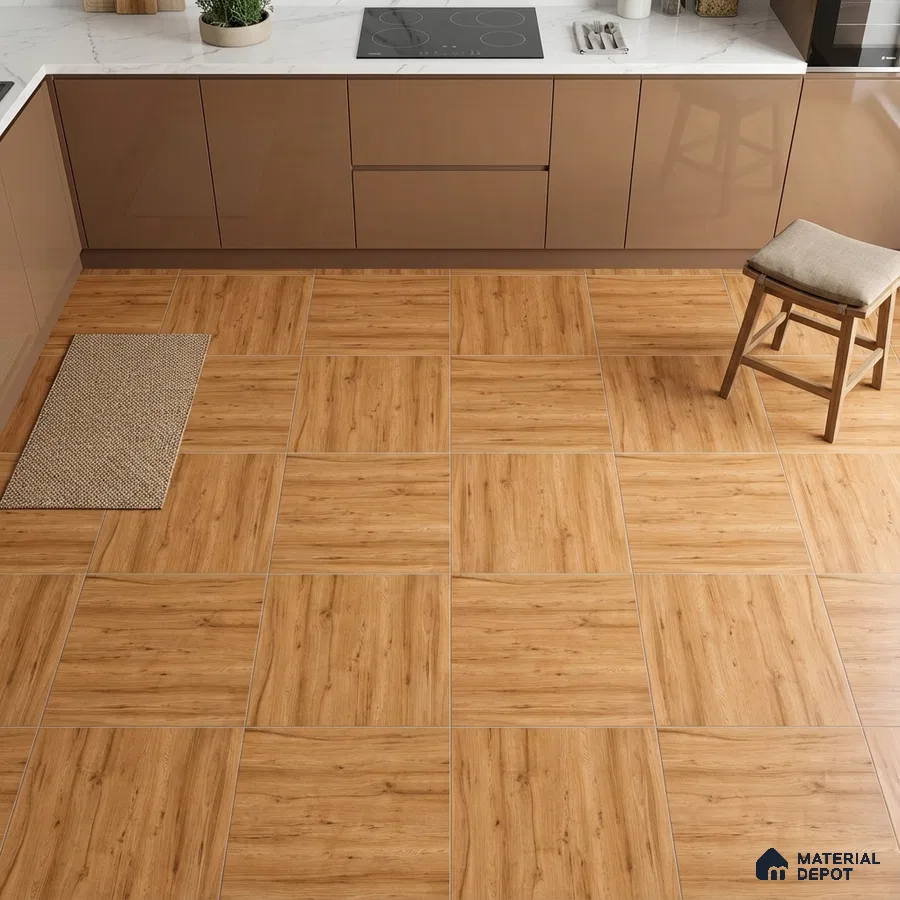 Modern kitchen with glossy taupe laminate cabinets, white marble countertop, and oak wood-look floor tiles