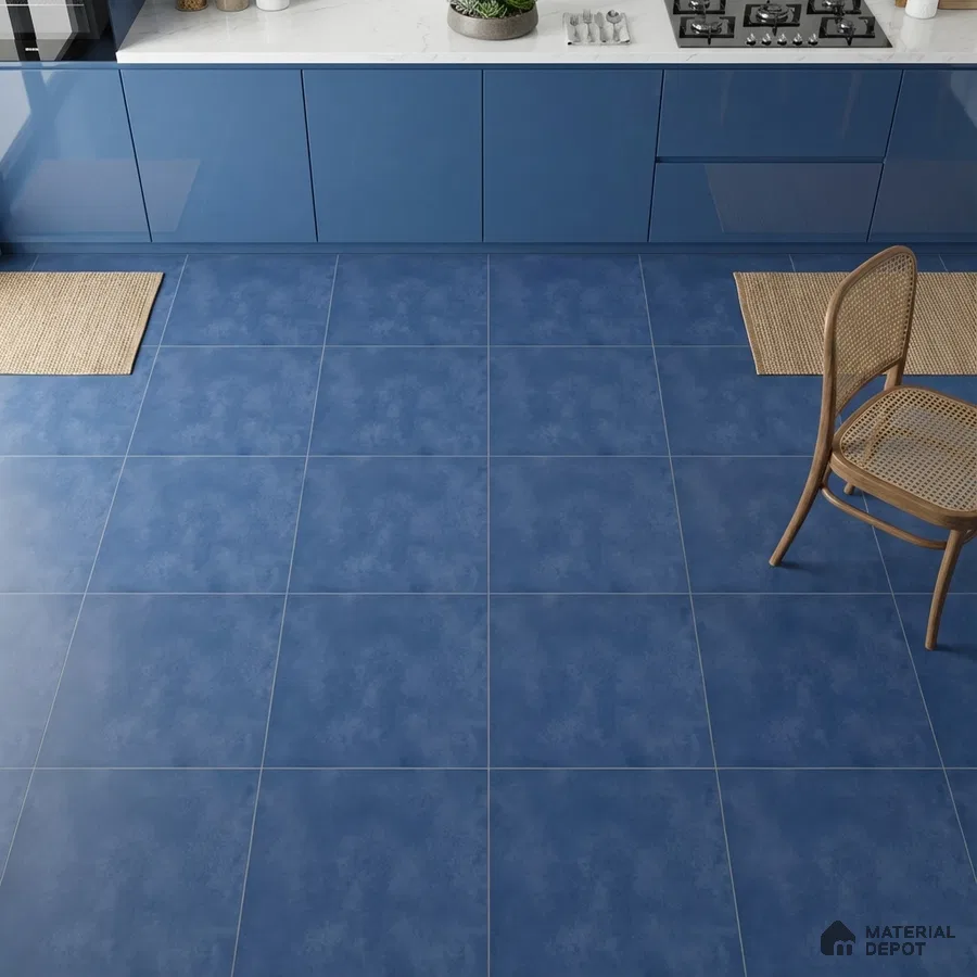 Modern kitchen with blue high gloss laminate cabinets and matte blue floor tiles