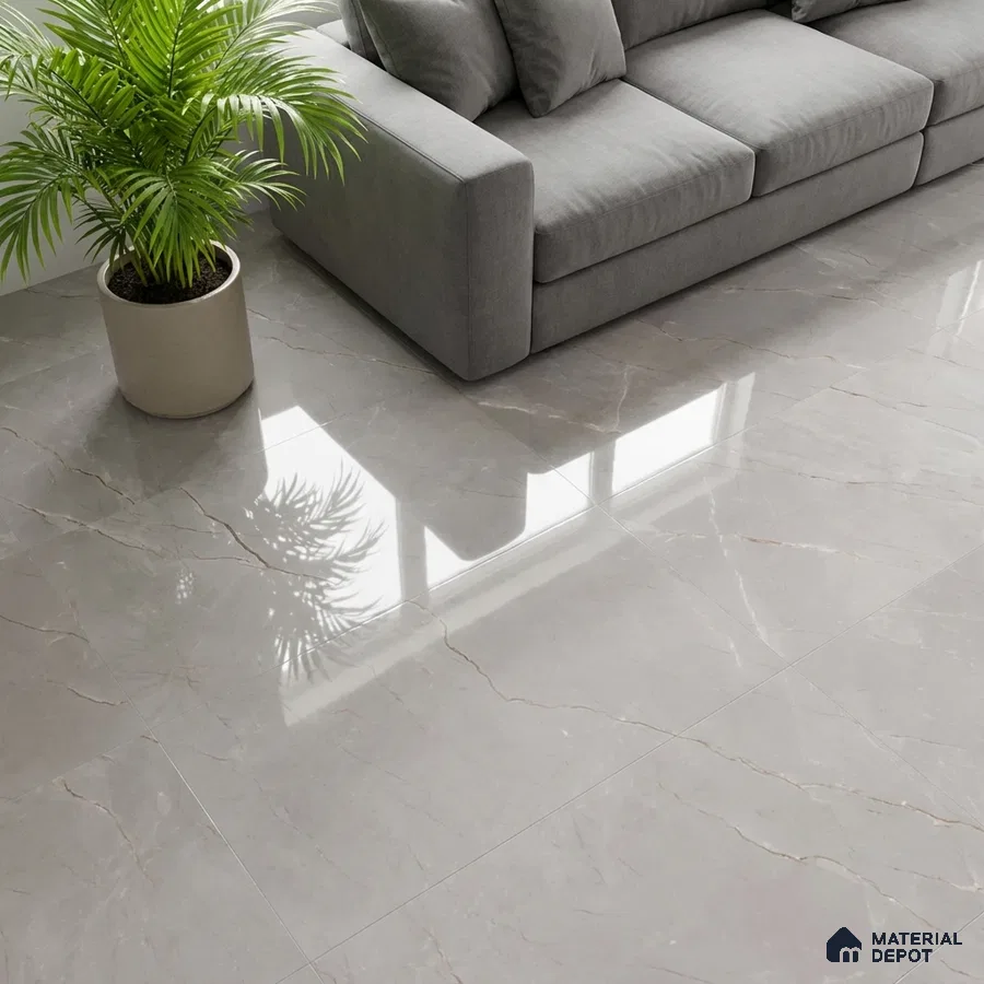 Modern living room with glossy light grey marble-look floor tiles and grey fabric sofa