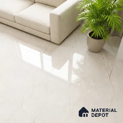 Minimalist living room with beige marble-look glossy floor tiles and cream fabric sofa