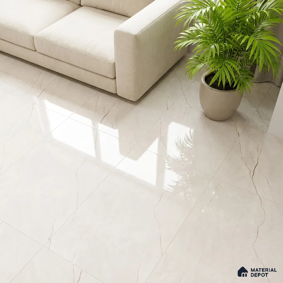 Minimalist living room with beige marble-look glossy floor tiles and cream fabric sofa