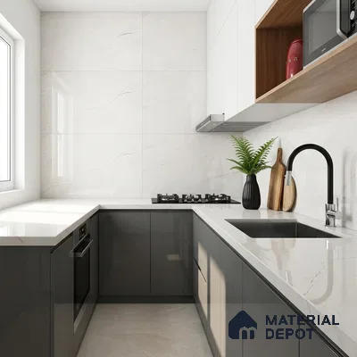 Modern U-shaped kitchen with glossy grey laminate, white marble-look quartz countertop, and marble wall tiles