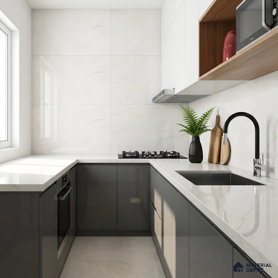 Modern U-shaped kitchen with glossy grey laminate, white marble-look quartz countertop, and marble wall tiles