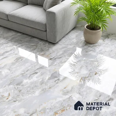 Modern living room with grey sofa and high gloss marble-look floor tiles