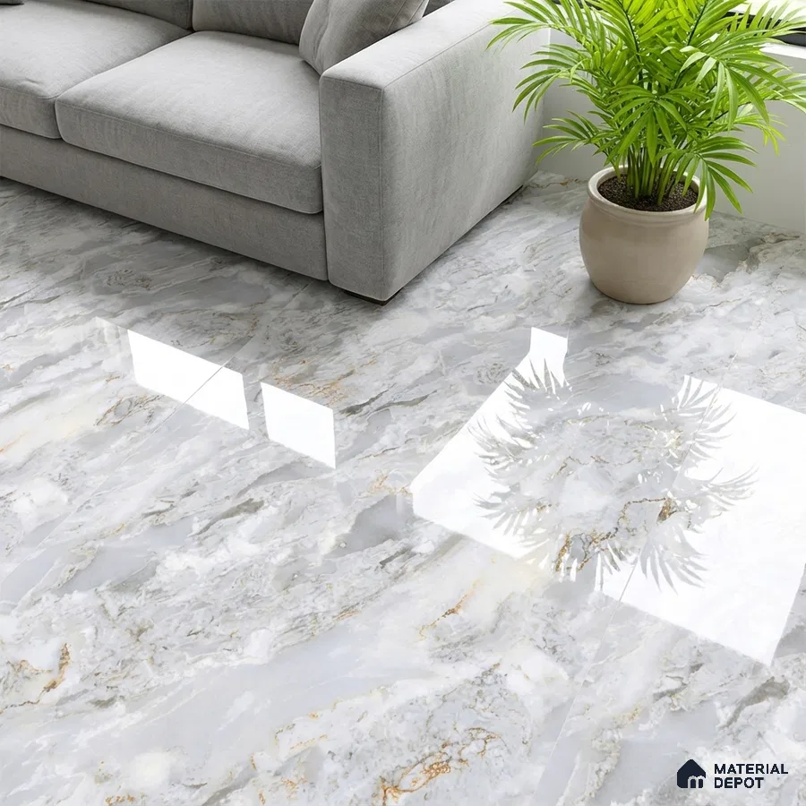 Modern living room with grey sofa and high gloss marble-look floor tiles