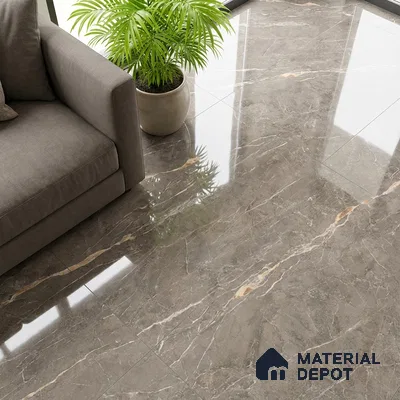 Modern living room with glossy grey marble floor tiles and taupe fabric sofa