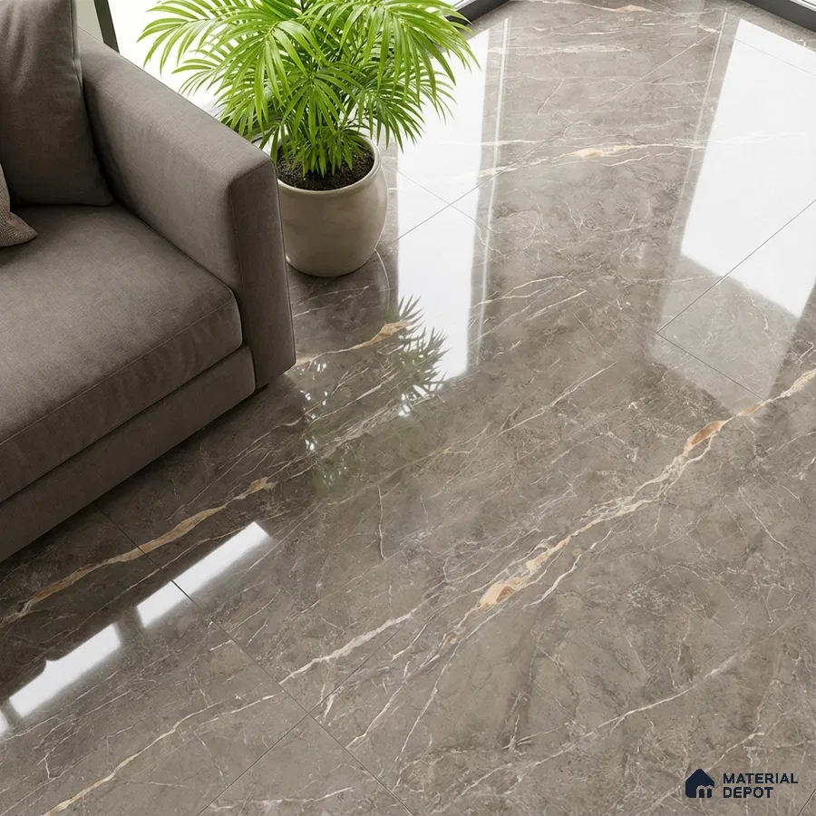 Modern living room with glossy grey marble floor tiles and taupe fabric sofa